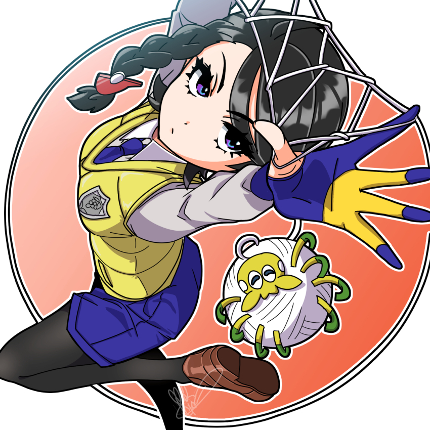 1girl, black_hair, black_pantyhose, blue_necktie, blue_shorts, braid, brown_footwear, closed_mouth, collared_shirt, commentary_request, eyelashes, gloves, highres, juliana_(pokemon), looking_at_viewer, looking_up, momo_kekoko, necktie, nintendo, pantyhose, partially_fingerless_gloves, pokemon, pokemon_(creature), pokemon_adventures, purple_eyes, school_uniform, shirt, shoes, shorts, silk, single_braid, spider_web, tarountula, uva_academy_school_uniform, vest, white_shirt, yellow_vest