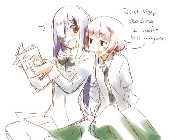 10s, 2girls, abe_takakazu, amputee, armless_amputee, blush, book, brown_eyes, double_amputee, embarrassed, english_text, female_pervert, fujoshi, hair_over_one_eye, holding, holding_book, ikezawa_hanako, katawa_shoujo, kuso_miso_technique, long_hair, michishita_masaki, multiple_girls, necktie, missing_legwear, open_book, pervert, pornography, purple_hair, reading, red_hair, scar, school_uniform, short_hair, tezuka_rin, weee_(raemz), yaranaika