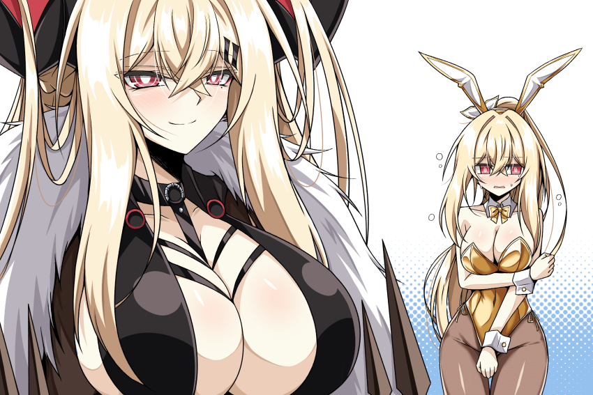 2girls, animal_ears, between_breasts, blue_background, blush, bow, bowtie, breasts