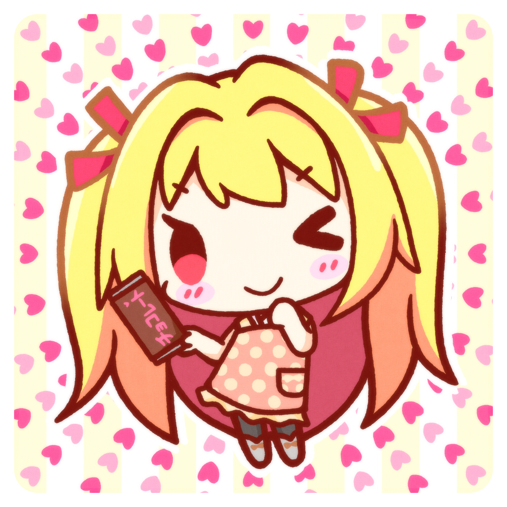 apron, blonde_hair, blush, blush_stickers, candy, chibi, chibi_only, chocolate