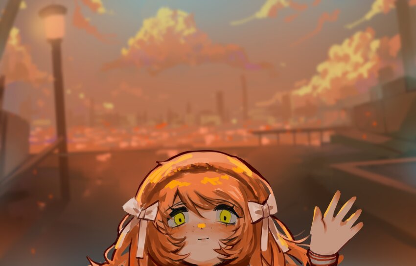 1girl, absurdres, arm_up, blurry, blurry_background, blush, bow, cloud