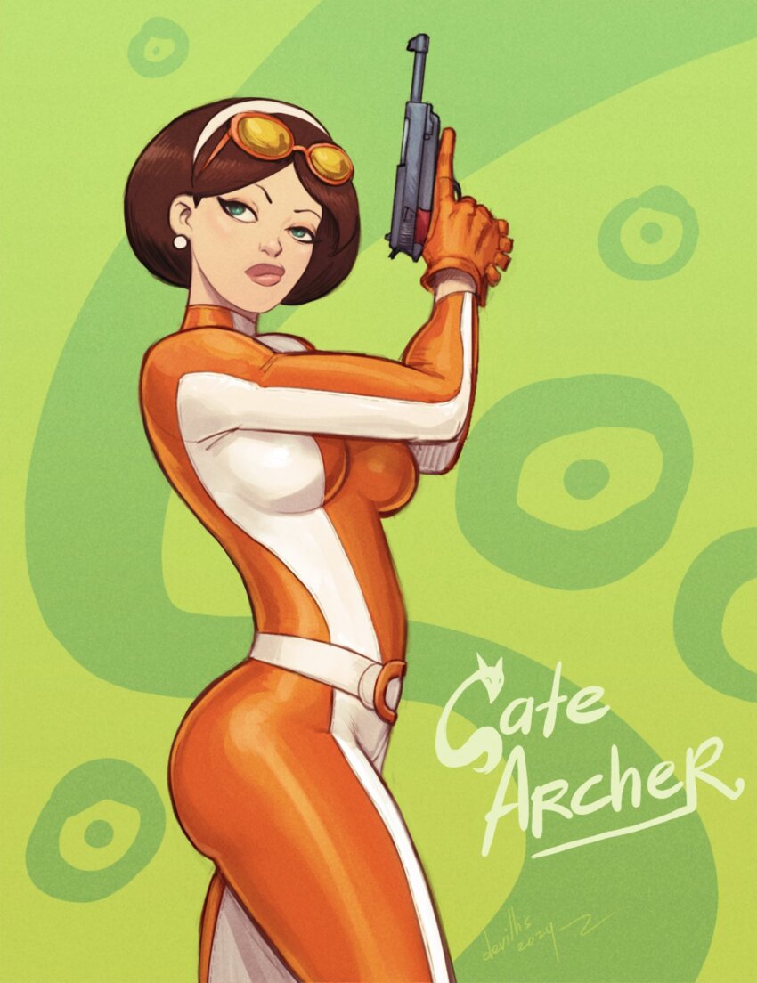 1girl, bodysuit, breasts, brown_hair, cate_archer, character_name, devilhs, earrings, eyewear_on_head, gloves, green_background, green_eyes, gun, hairband, highres, holding, holding_gun, holding_weapon, jewelry, looking_at_viewer, medium_breasts, multicolored_bodysuit, no_one_lives_forever, orange-framed_eyewear, orange_bodysuit, orange_gloves, short_hair, solo, tinted_eyewear, two-tone_bodysuit, weapon, white_bodysuit, white_hairband, yellow-tinted_eyewear