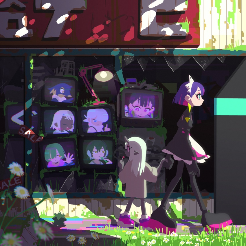 2girls, android, apron, blue_hair, colored_inner_hair, colored_skin, demon_girl, demon_horns, earrings, fastening_(zutomayo), green_eyes, grey_shirt, grey_skin, hanabushi, highres, horns, jewelry, kangurei_(zutomayo), kuraku_kuroku_(zutomayo), lamp, maid, maid_apron, maid_headdress, milabo_(zutomayo), multicolored_hair, multiple_girls, mune_no_kemuri_(zutomayo), nanashi_(zutomayo), nira-chan, nira-chan_(kangurei)_(zutomayo), nira-chan_(kuraku_kuroku)_(zutomayo), nira-chan_(milabo)_(zutomayo), nira-chan_(mune_no_kemuri)_(zutomayo), nira-chan_(obenkyou_shitoiteyo)_(zutomayo), nira-chan_(tadashiku_narenai)_(zutomayo), obenkyou_shitoiteyo, pink_eyes, pink_hair, pink_shoes, pointy_ears, robota_(zutomayo), shirt, shoes, socks, streaked_hair, tadashiku_narenai_(zutomayo), teiketsu_(fastening)_(zutomayo), teiketsu_(zutomayo), television, triangle_earrings, two-tone_hair, white_hair, white_socks, wide_sleeves, zutto_mayonaka_de_ii_no_ni