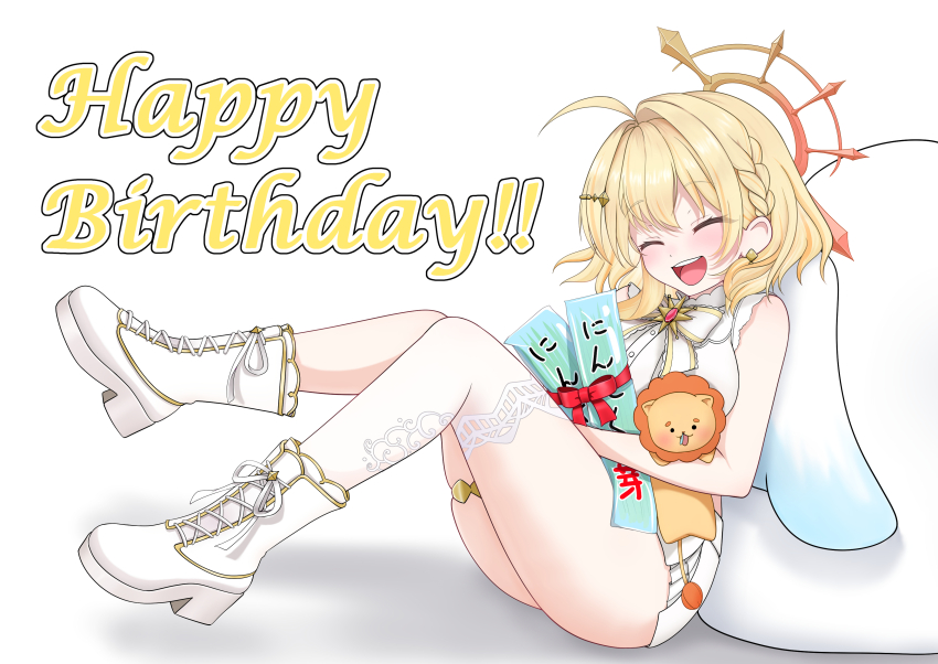 1girl, absurdres, ahoge, blonde_hair, blush, boots, bow, bowtie