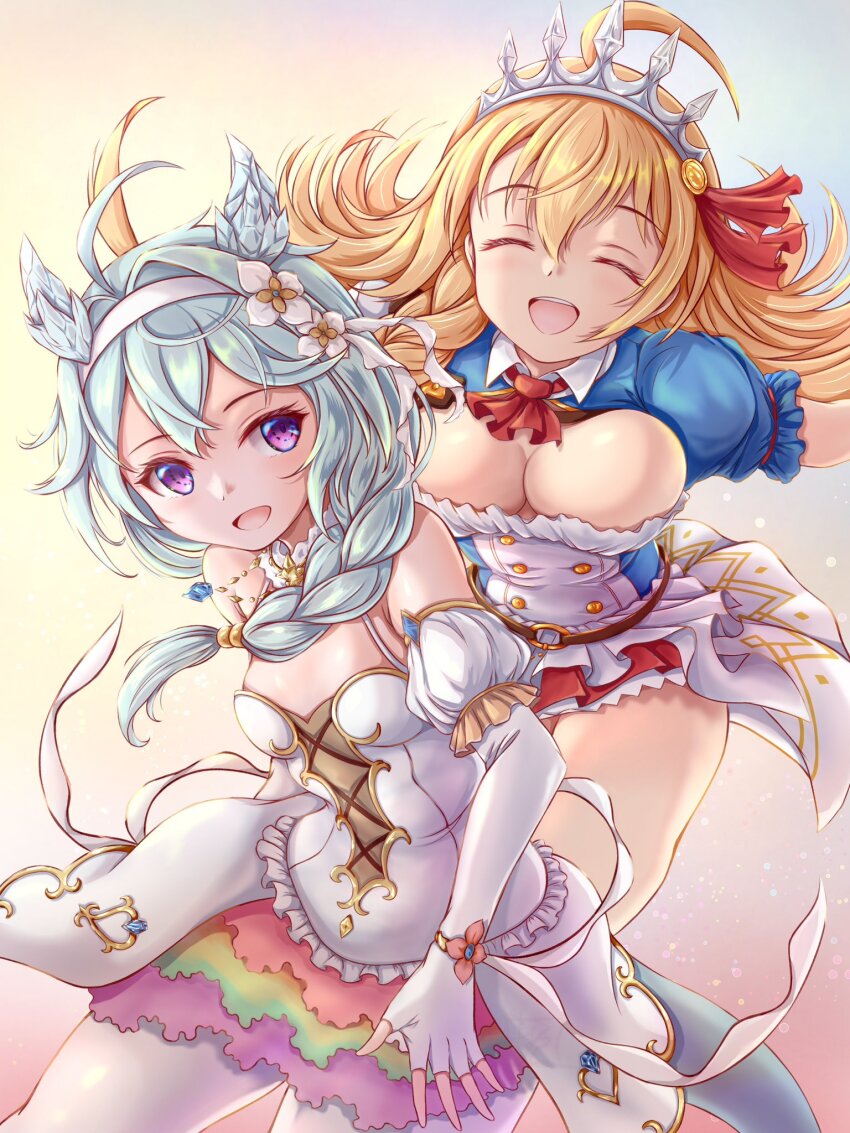 2girls, ahoge, ascot, blue_hair, blue_horns, blue_sleeves, braid, breasts