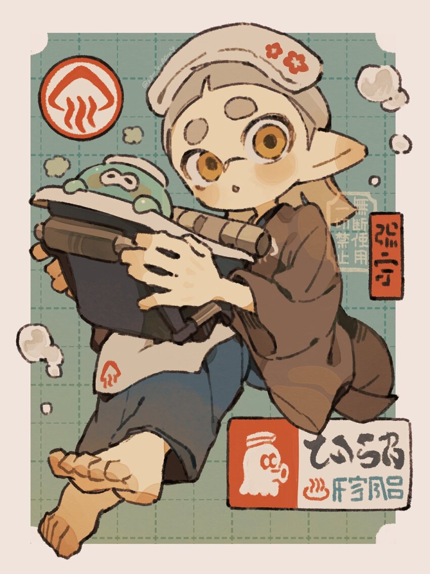 1girl, barefoot, bloblobber_(splatoon), blue_hakama, brown_kimono, commentary, full_body, grey_hair