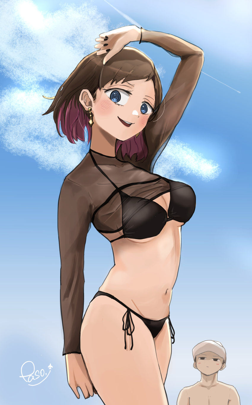 1boy, 1girl, absurdres, arm_up, bikini, black_bikini, black_nails, black_shrug