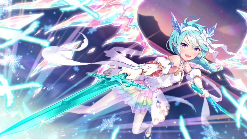 1girl, blue_hair, blue_horns, braid, commentary_request, cross-laced_clothes, cross-laced_dress, crystal_horns