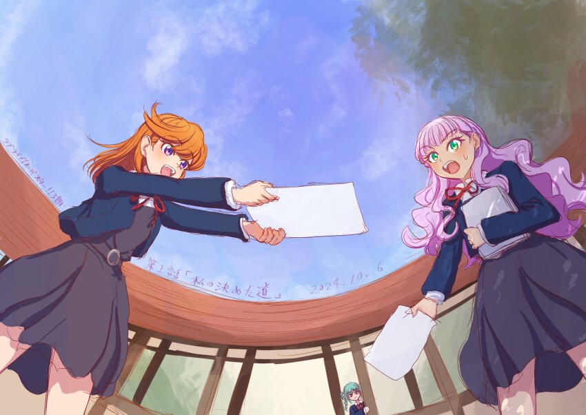 3girls, :d, absurdres, alt_text, aqua_hair, blue_sky, blunt_bangs, blush, braid, braided_twintails, closed_mouth, cloud, commentary_request, copyright_name, cowboy_shot, cowlick, dappled_sunlight, dated, episode_number, episode_title, expressionless, fisheye, green_eyes, highres, in-universe_location, long_hair, looking_at_another, love_live!, love_live!_superstar!!, medium_hair, multiple_girls, onitsuka_tomari, open_mouth, orange_hair, outdoors, pink_eyes, purple_eyes, purple_hair, seiha_(hnumkt), shibuya_kanon, side_braids, sky, smile, split_mouth, sunlight, sweatdrop, translation_request, twin_braids, twintails, very_long_hair, wavy_hair, wien_margarete