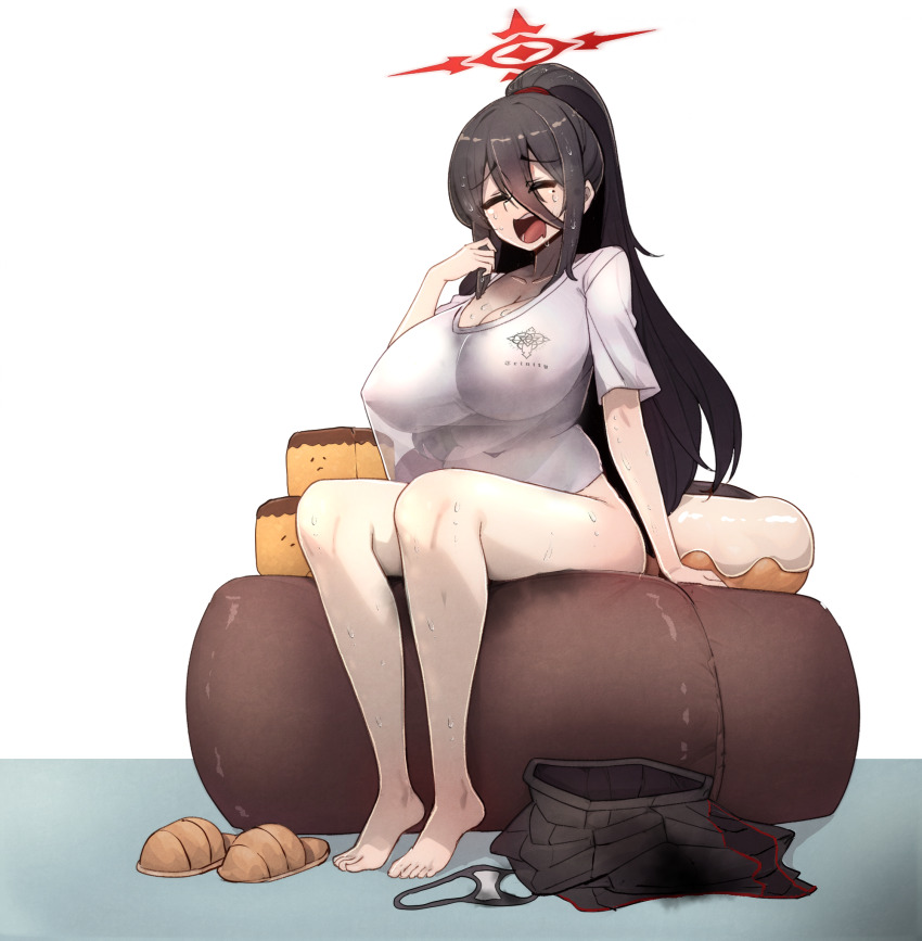1girl, arm_support, bare_legs, barefoot, black_hair, black_skirt, blue_archive, bottomless, breasts, chair, cleavage, closed_eyes, collarbone, couch, covered_erect_nipples, curvy, donut-shaped_pillow, feet, flip-flops, full_body, hair_between_eyes, halo, hand_on_chair, hand_up, hasumi_(blue_archive), high_ponytail, highres, hot, huge_breasts, long_hair, long_hair_between_eyes, long_skirt, mole, mole_under_eye, navel, nikrop, no_bra, no_panties, on_couch, open_mouth, panties, pillow, pleated_skirt, plump, ponytail, red_halo, sandals, see-through_clothes, shirt, short_sleeves, sidelocks, sitting, skirt, soles, sweat, t-shirt, tiramisu, toes, trinity_general_school_logo, underwear, unworn_panties, unworn_skirt, white_shirt
