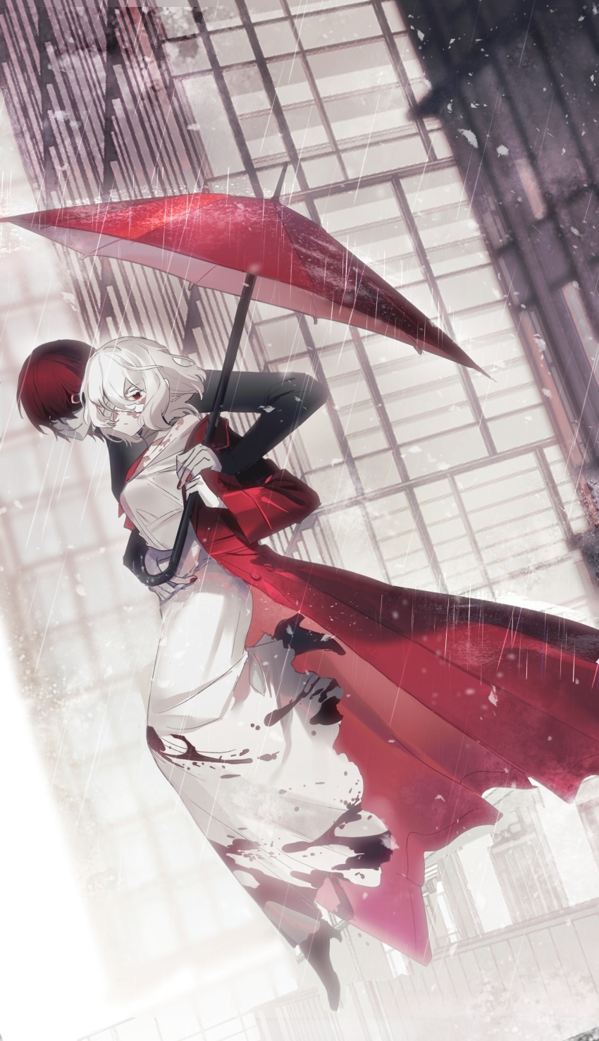 1boy, 1girl, absurdres, bandage_over_one_eye, blood, blood_on_clothes, blood_on_face, bloody_weapon