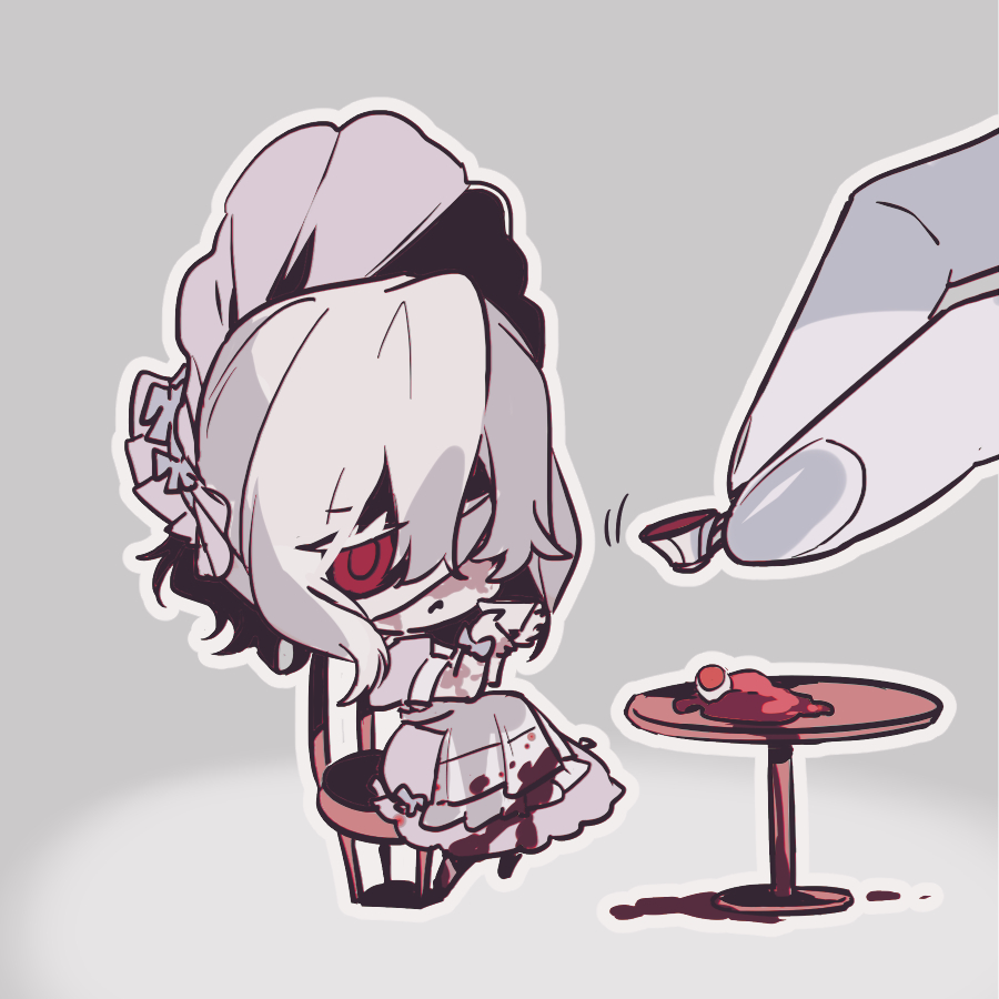 1boy, 1girl, blood, blood_on_clothes, bonnet, chair, chibi, chinese_commentary, colored_eyelashes, commentary_request, cup, dress, flesh, grey_background, adashino_adami, holding, holding_cup, homicipher, mini_person, minigirl, mr._hugeface, owenun, red_eyes, short_hair, simple_background, sitting, table, teacup, white_hair