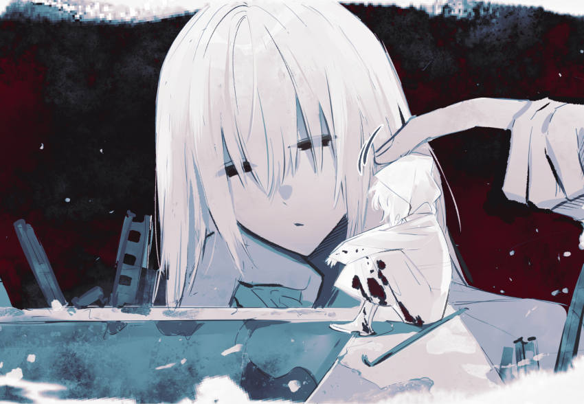 1boy, 1girl, black_eyes, blood, blood_on_clothes, chinese_commentary, commentary_request, crowbar