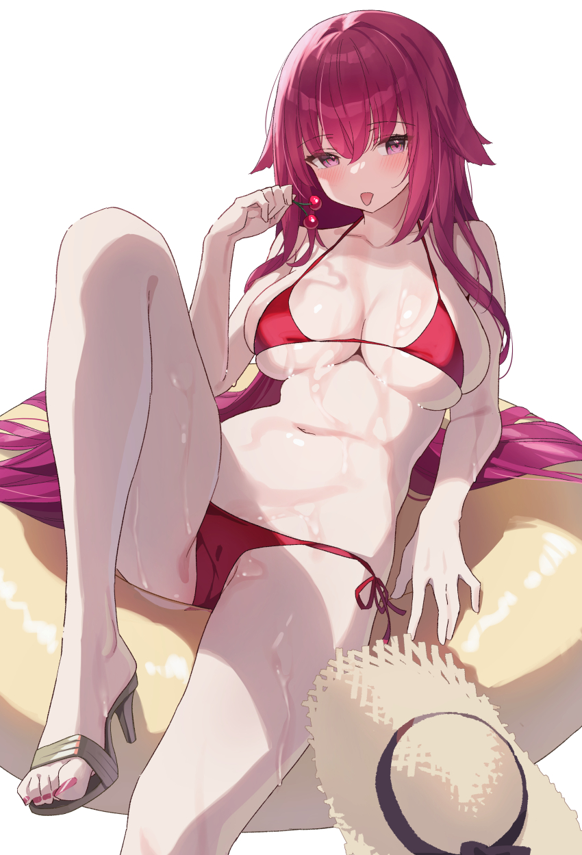 1girl, absurdres, azur_lane, bikini, blush, breasts, brown_hat, cherry