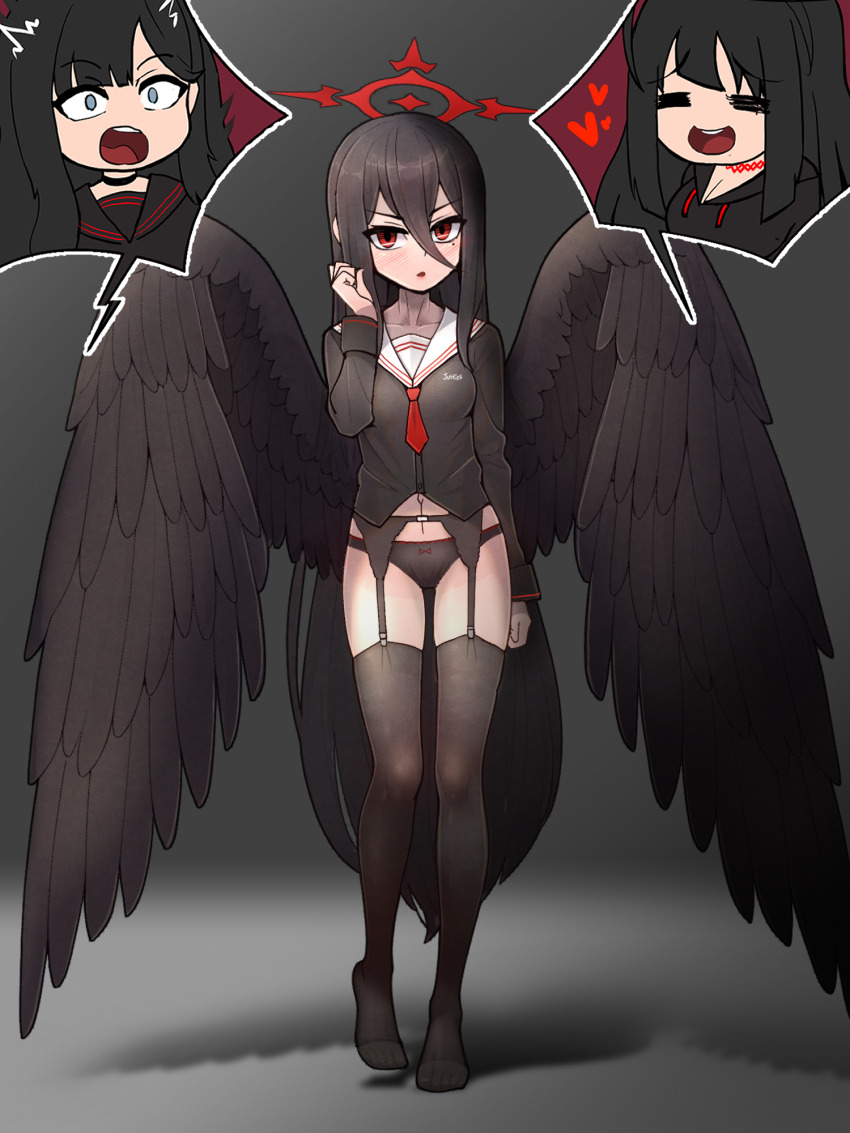 3girls, =_=, aged_down, alternate_breast_size, arm_at_side, black_choker, black_garter_belt, black_garter_straps, black_hair, black_panties, black_sailor_collar, black_serafuku, black_shirt, black_thighhighs, blue_archive, blue_eyes, blush, bow, bow_panties, breasts, chestnut_mouth, choker, cleavage, closed_eyes, collarbone, crossed_arms, feathered_wings, garter_belt, garter_straps, gradient_background, grey_background, hair_between_eyes, halo, hand_on_own_elbow, hand_up, hasumi_(blue_archive), heart, highres, ichika_(blue_archive), oversized_wings, long_hair, long_hair_between_eyes, long_sleeves, looking_at_viewer, low_wings, mole, mole_under_eye, multiple_girls, navel, neckerchief, necktie, nikrop, no_pants, no_shoes, open_mouth, panties, red_choker, red_eyes, red_halo, red_necktie, round_teeth, sailor_collar, school_uniform, serafuku, shadow, shirt, short_necktie, sidelocks, sleeve_cuffs, small_breasts, smile, standing, standing_on_one_leg, surprised, teeth, thighhighs, tsurugi_(blue_archive), underwear, undone_neckerchief, unusually_open_eyes, upturned_eyes, very_long_hair, white_sailor_collar, wings