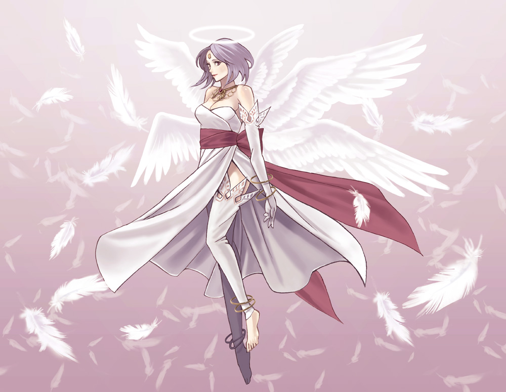 1girl, angel_wings, anklet, bare_shoulders, barefoot, bow, bracelet, choker, dress, facial_mark, feathers, female_focus, filia_(star_ocean), filia_(star_ocean_2), forehead_mark, full_body, gloves, halo, jewelry, kareji, necklace, philia_(star_ocean_2), purple_hair, ribbon, short_hair, smile, solo, star_ocean, star_ocean:_the_second_story, thighhighs, traditional_halo, white_gloves, white_thighhighs, wings