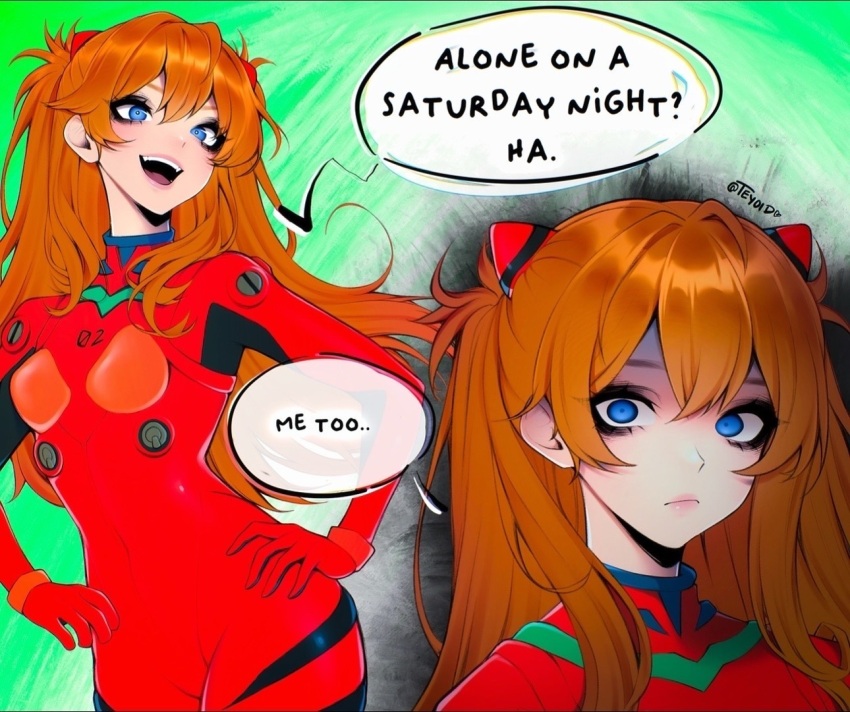 1girl, alone_on_a_friday_night?_(meme), artist_name, aura, blue_eyes, bodysuit, brown_hair, commentary