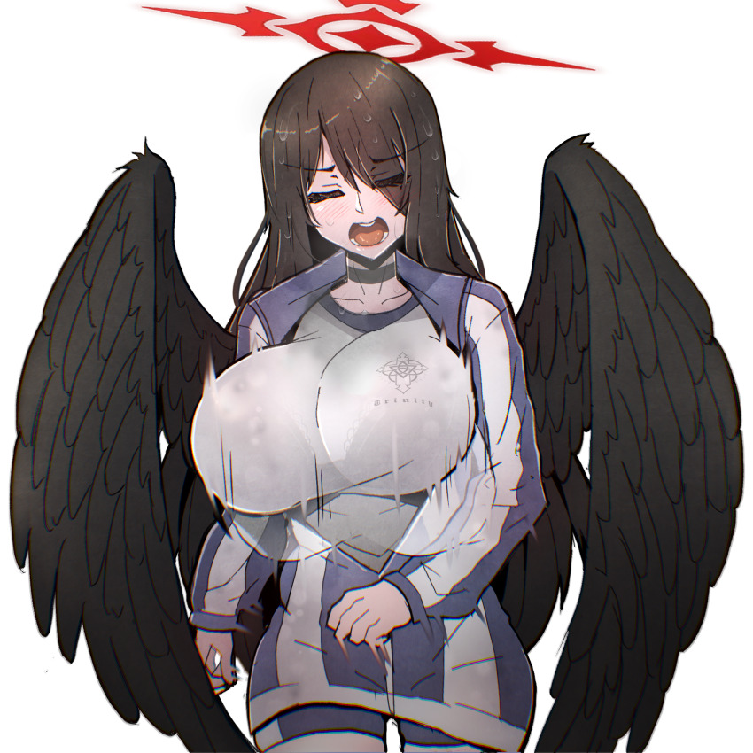 black_choker, black_hair, black_wings, blue_archive, blue_jacket, blue_shorts, bouncing_breasts, bra_visible_through_clothes, breasts, choker, closed_eyes, collarbone, exhausted, eyes_visible_through_hair, feathered_wings, gym_shirt, gym_shorts, gym_uniform, hair_over_one_eye, halo, hasumi_(blue_archive), hasumi_(track)_(blue_archive), heavy_breathing, highres, hot, huge_breasts, jacket, oversized_wings, long_hair, long_sleeves, mole, mole_under_eye, nikrop, official_alternate_costume, open_clothes, open_jacket, open_mouth, partially_unzipped, red_halo, round_teeth, running, shirt, shorts, simple_background, sweat, sweaty_clothes, teeth, track_jacket, trinity_general_school_logo, v-shaped_eyebrows, wet, wet_clothes, wet_hair, white_background, wings