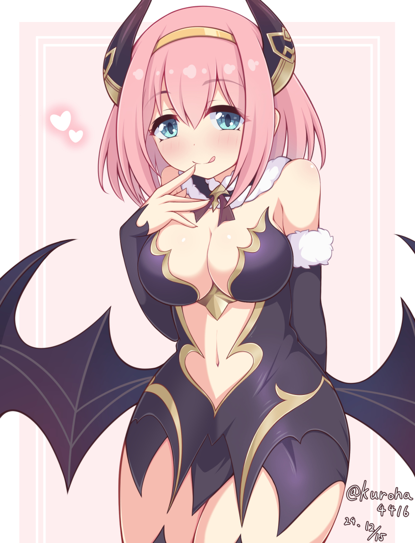 absurdres, blue_eyes, breasts, cleavage, clothing_cutout, dated, demon_girl, demon_horns, demon_wings, finger_to_mouth, gold_hairband, hairband, heart, highres, horns, kuroha_koudai, large_breasts, licking_lips, looking_at_viewer, lyrael_(christmas)_(princess_connect!), medium_hair, navel_cutout, pink_background, pink_hair, princess_connect!, tongue, tongue_out, twitter_username, wings, yui_(princess_connect!)