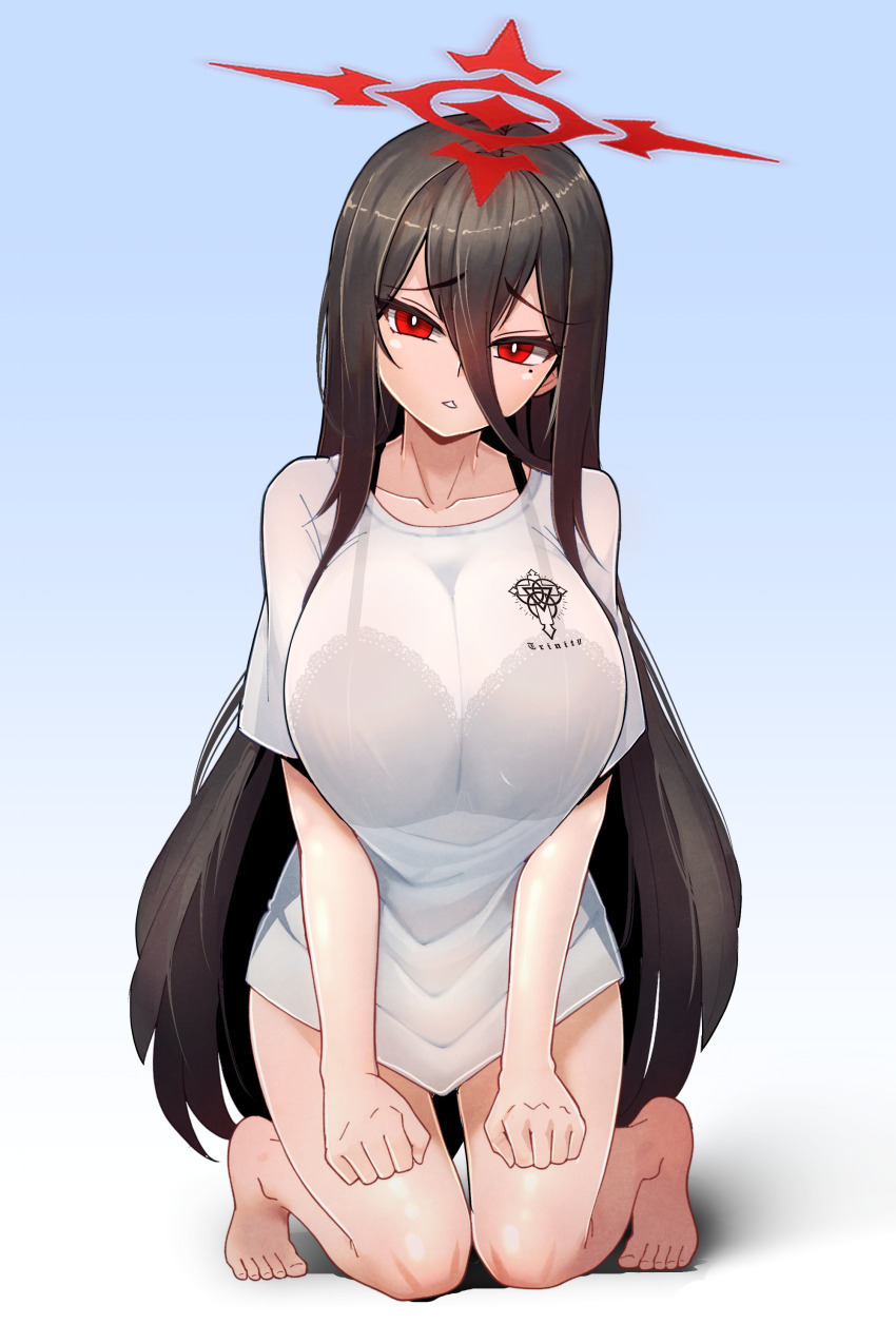 1girl, absurdres, alternate_costume, bare_legs, barefoot, black_hair, blue_archive, blue_background