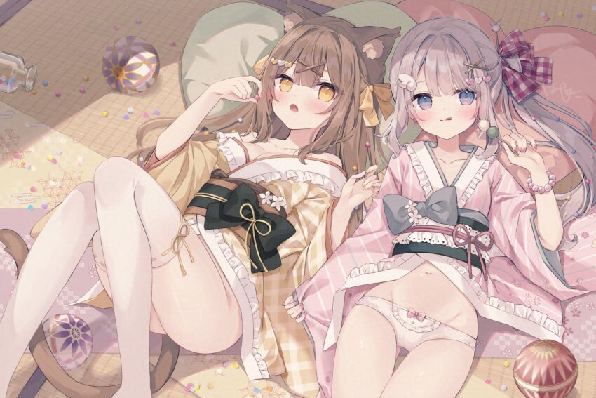 2girls, :q, adversarial_noise, animal_ears, ass, bare_shoulders, blush, bow, bow_panties, breasts, brown_eyes, brown_hair, brown_kimono, cat_ears, cat_girl, cat_tail, closed_mouth, collarbone, commentary, diagonal-striped_kimono, frilled_kimono, frills, grey_eyes, grey_hair, groin, hair_bow, hair_ornament, hairclip, heart, heart_hair_ornament, hoshi_(snacherubi), indoors, japanese_clothes, kimono, long_hair, long_sleeves, looking_at_viewer, lying, medium_breasts, multiple_girls, nail_polish, navel, no_panties, off_shoulder, on_back, original, panties, pinching_sleeves, pink_kimono, pink_nails, plaid_bow, plaid_clothes, plaid_kimono, ribbon-trimmed_thighhighs, ribbon_trim, side_ponytail, sleeves_past_wrists, smile, untranslatable_commentary, tail, tatami, thighhighs, tongue, tongue_out, underwear, white_panties, white_thighhighs, wide_sleeves, wing_hair_ornament, x_hair_ornament, yellow_nails