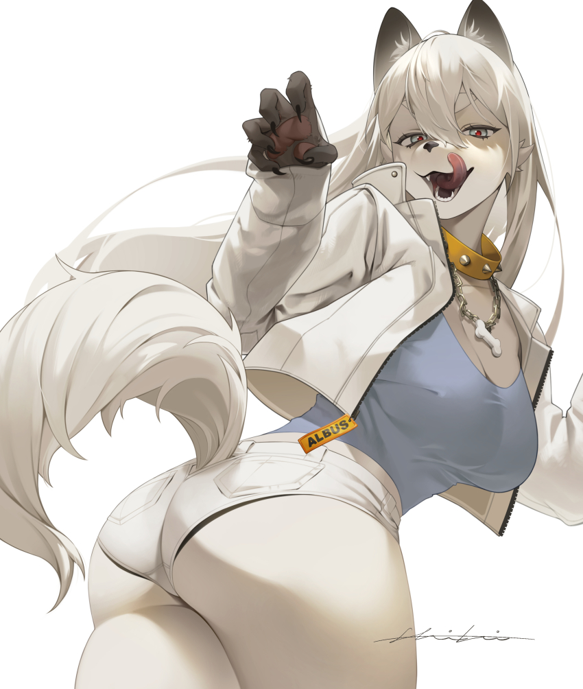 1girl, absurdres, animal_ears, animal_nose, ass, blouse, blue_eyes, blue_skirt, breasts, chain, chain_necklace, claws, cleavage, clothing_cutout, collar, fangs, furry, furry_female, hair_between_eyes, highres, jacket, jewelry, kuroe_(crocrocroe), licking_lips, long_hair, micro_shorts, necklace, open_clothes, open_jacket, open_mouth, original, panties, panty_peek, shirt, shorts, signature, simple_background, skirt, solo, spiked_collar, spikes, tail, tail_through_clothes, thighs, tongue, tongue_out, twisted_torso, underwear, white_background, white_hair, white_jacket, wolf_ears, wolf_girl, wolf_tail