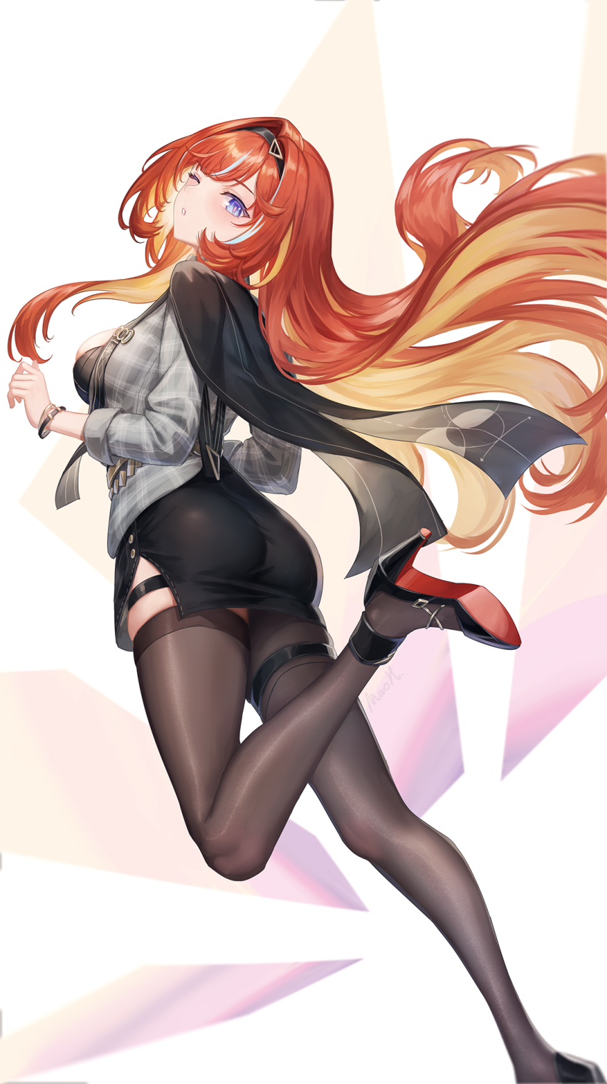 1girl, ass, black_footwear, black_hairband, black_jacket, black_skirt, black_thighhighs, blue_eyes