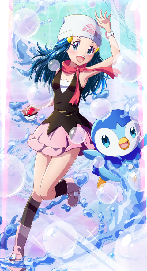 1girl, :d, arm_up, at_kiwi, beanie, blue_eyes, boots, bubble, commentary, dawn_(pokemon), eyelashes, floating_scarf, gen_4_pokemon, hair_ornament, hairclip, happy, hat, holding, holding_poke_ball, long_hair, looking_at_viewer, nintendo, open_mouth, piplup, poke_ball, poke_ball_(basic), pokemon, pokemon_(anime), pokemon_(creature), pokemon_the_series:_diamond_and_pearl, poketch, scarf, shirt, skirt, sleeveless, sleeveless_shirt, smile, socks, sparkle, teeth, upper_teeth_only, watch, white_hat, wristwatch