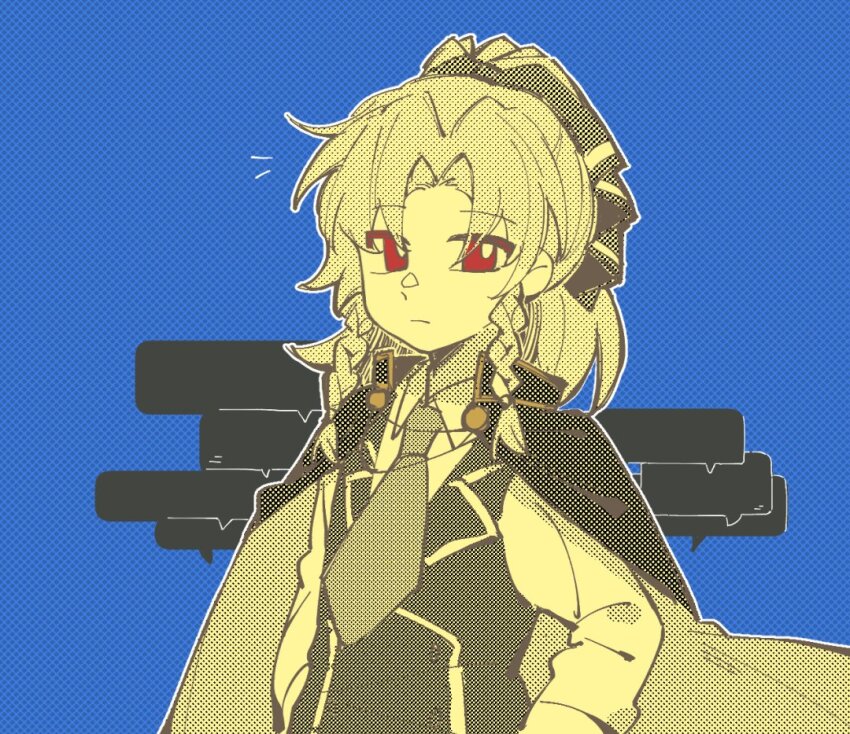 1girl, arm_at_side, assault_lily, blank_speech_bubble, blue_background, bow, braid, buttons