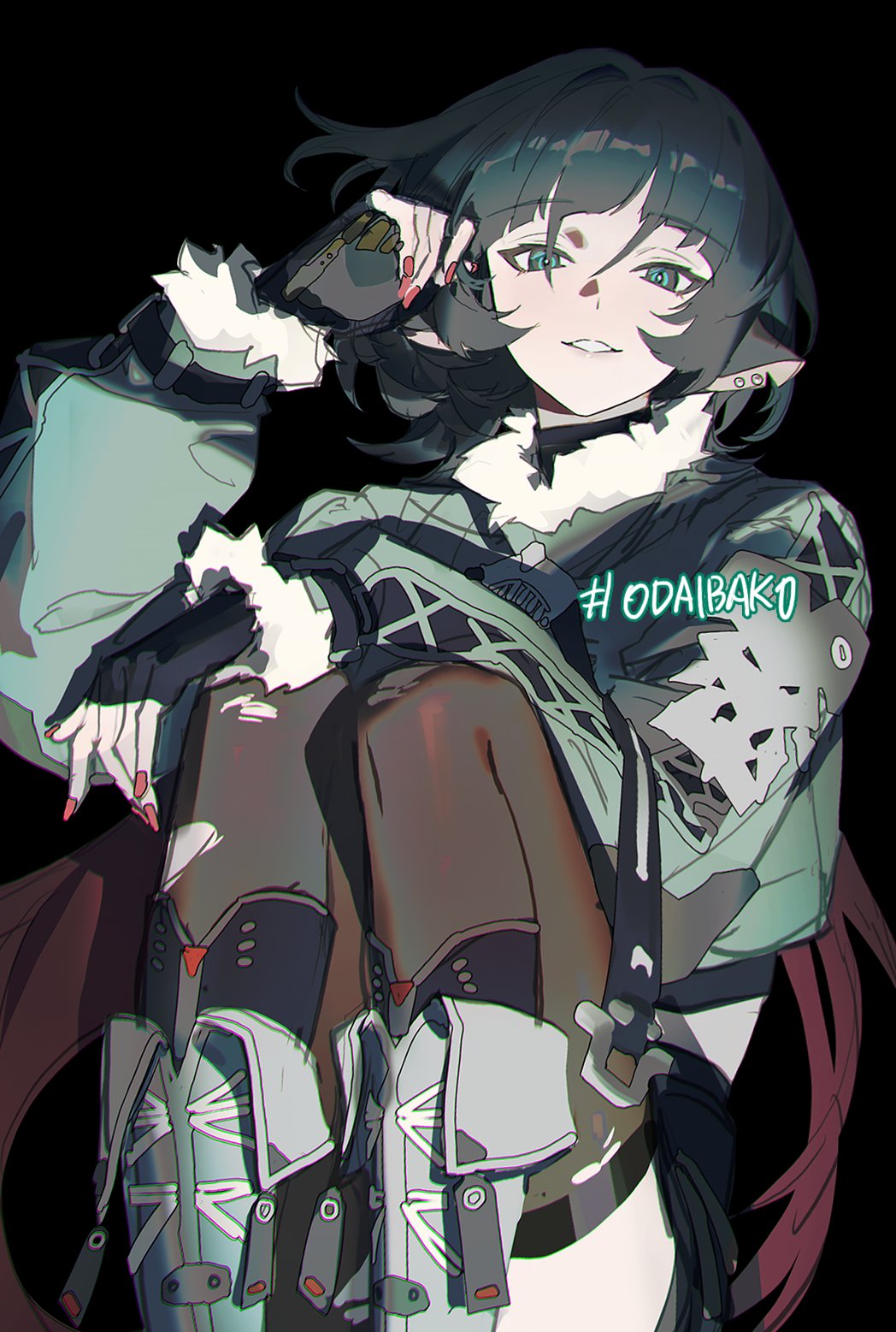 1girl, animal_ear_piercing, animal_ears, black_background, black_gloves, black_shorts, blunt_bangs, boots