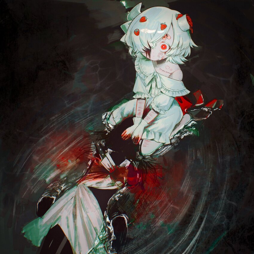 2girls, bandaid, black_skin, blood, blood_in_water, blood_on_clothes, blood_on_face, blood_on_hands