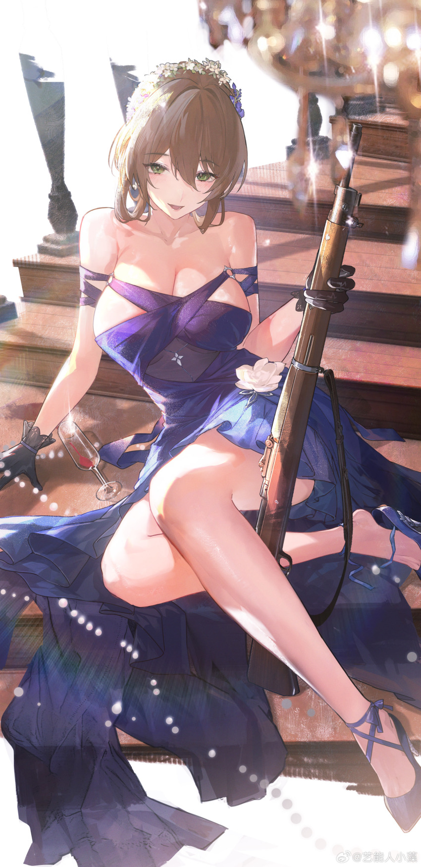 1girl, absurdres, algae_(5455454541), artist_name, bare_shoulders, black_gloves, blue_dress, blue_shoes, bolt_action, breasts, brown_hair, champagne_flute, chinese_commentary, cleavage, commentary_request, cup, dated_commentary, dress, dress_flower, drinking_glass, flower, full_body, girls'_frontline, girls'_frontline_2:_exilium, gloves, green_eyes, gun, hair_between_eyes, high_heels, highres, holding, holding_gun, holding_weapon, large_breasts, looking_at_viewer, m1903_springfield, official_alternate_costume, on_stairs, open_mouth, rifle, shoes, sitting, smile, solo, springfield_(girls'_frontline), springfield_(girls'_frontline_2), springfield_(queen_in_radiance)_(girls'_frontline), stairs, watermark, weapon, weibo_watermark, white_flower