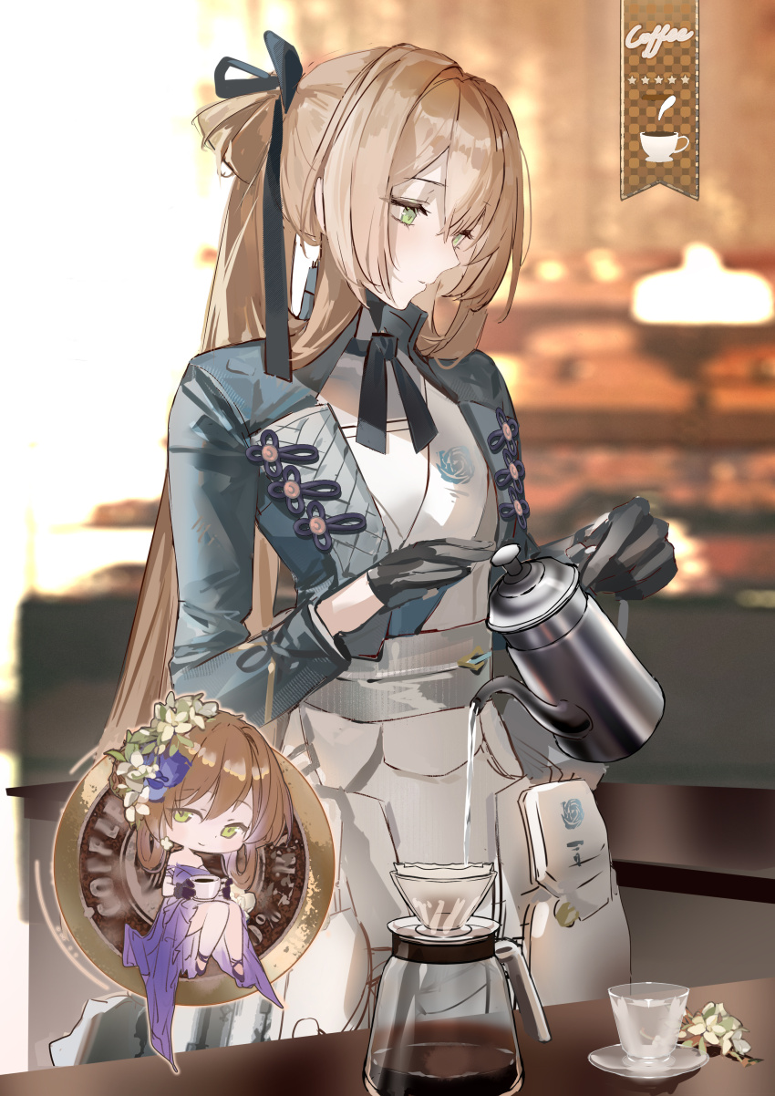 1girl, absurdres, black_gloves, black_ribbon, blue_jacket, blue_ribbon, blurry, blurry_background