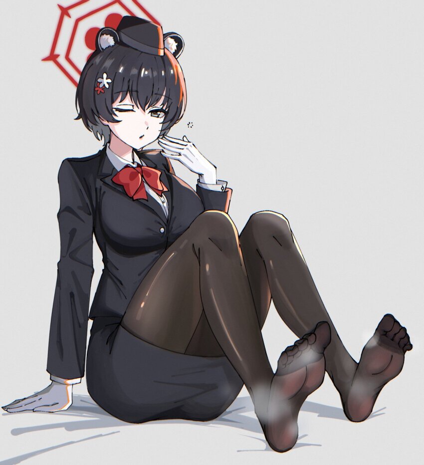 1girl, animal_ear_fluff, animal_ears, arm_at_side, black_hair, black_hat, black_jacket, black_pantyhose