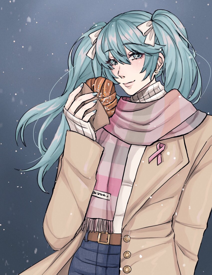 1girl, aqua_eyes, aqua_hair, aqua_nails, belt, blazer, cinnamon_roll, commentary