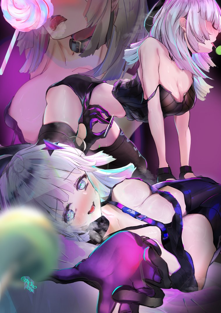 1girl, aa-12_(girls'_frontline), belt_collar, black_collar, black_gloves, black_hat, black_shorts, black_thighhighs