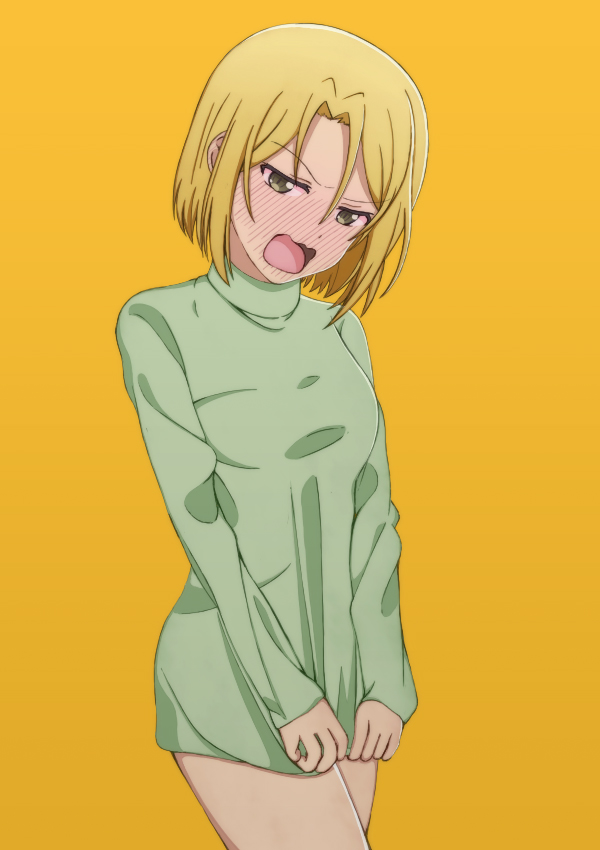 blonde_hair, blush, breasts, cowboy_shot, full-face_blush, green_eyes, green_sweater, hayakawa_chinatsu