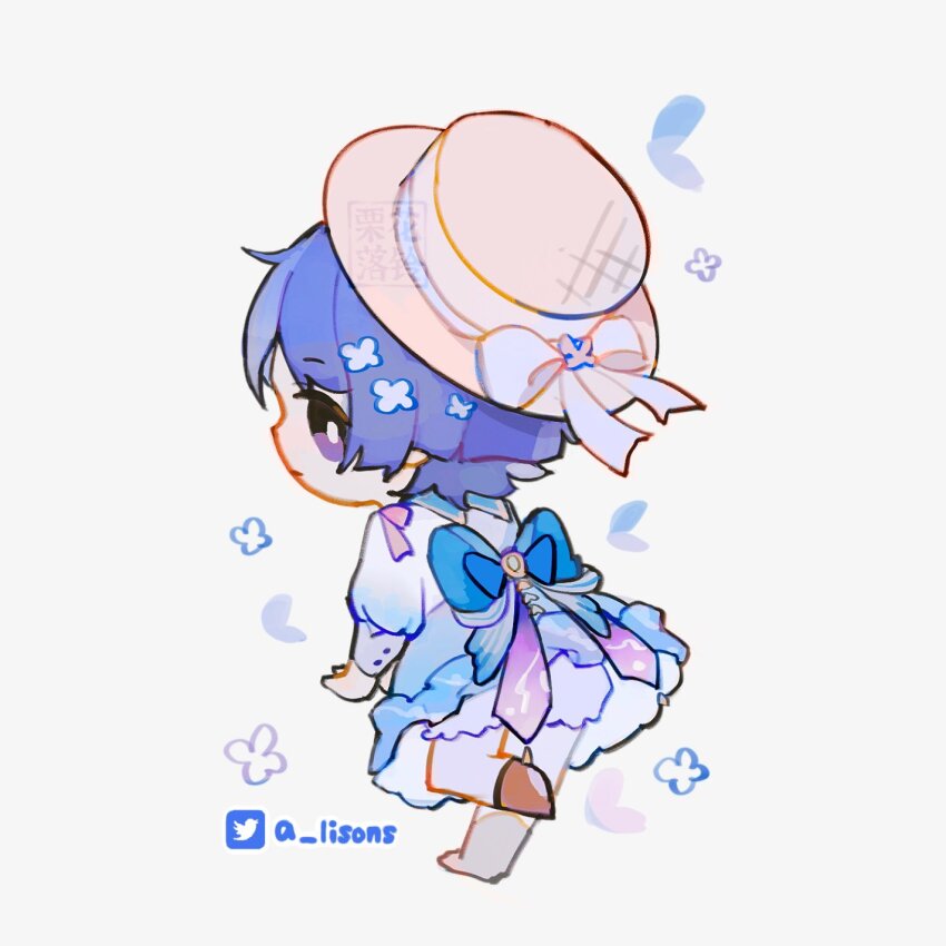 1boy, alternate_costume, arm_at_side, ayaka_(genshin_impact), bloomers, blue_bow, blue_dress, blue_skirt