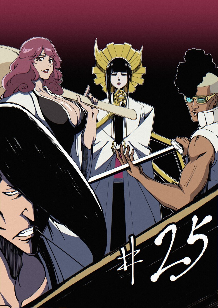 2boys, 2girls, black_background, black_hair, bleach, bleach:_sennen_kessen-hen, blue-tinted_eyewear, blunt_bangs