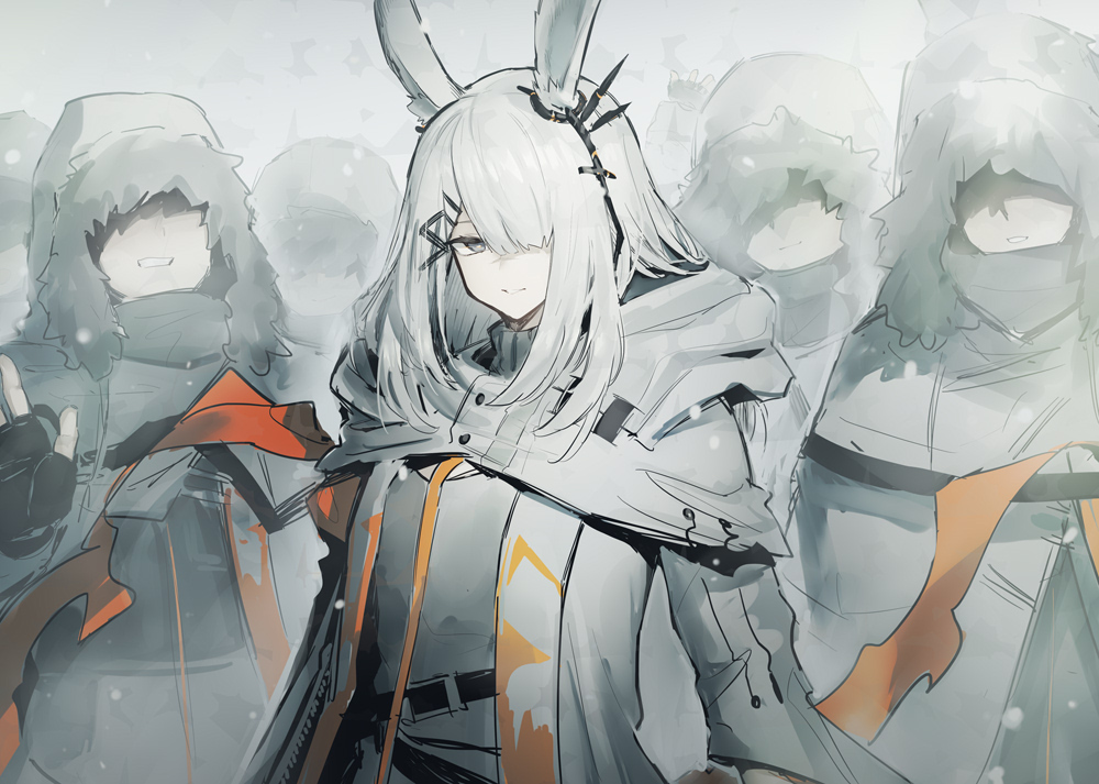 1girl, 4others, animal_ear_fluff, animal_ears, arknights, armband, coat, ear_ornament, frostnova_(arknights), fur-trimmed_hood, fur_trim, grey_eyes, hair_ornament, hair_over_one_eye, hairclip, hood, hood_up, long_hair, long_sleeves, looking_at_viewer, melon22, multiple_others, orange_armband, parted_lips, rabbit_ears, rabbit_girl, ring_hair_ornament, scar, scar_on_face, scar_on_nose, scarf, smile, solo_focus, white_coat, white_hair, white_scarf, yeti_caster_leader_(arknights), yeti_squadron_(arknights)