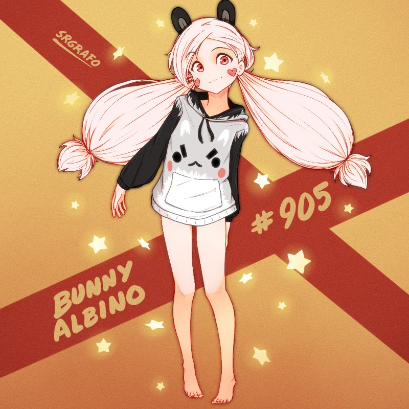 >:(, 1girl, :<, animal_ears, artist_name, barefoot, black_hoodie, blush_stickers