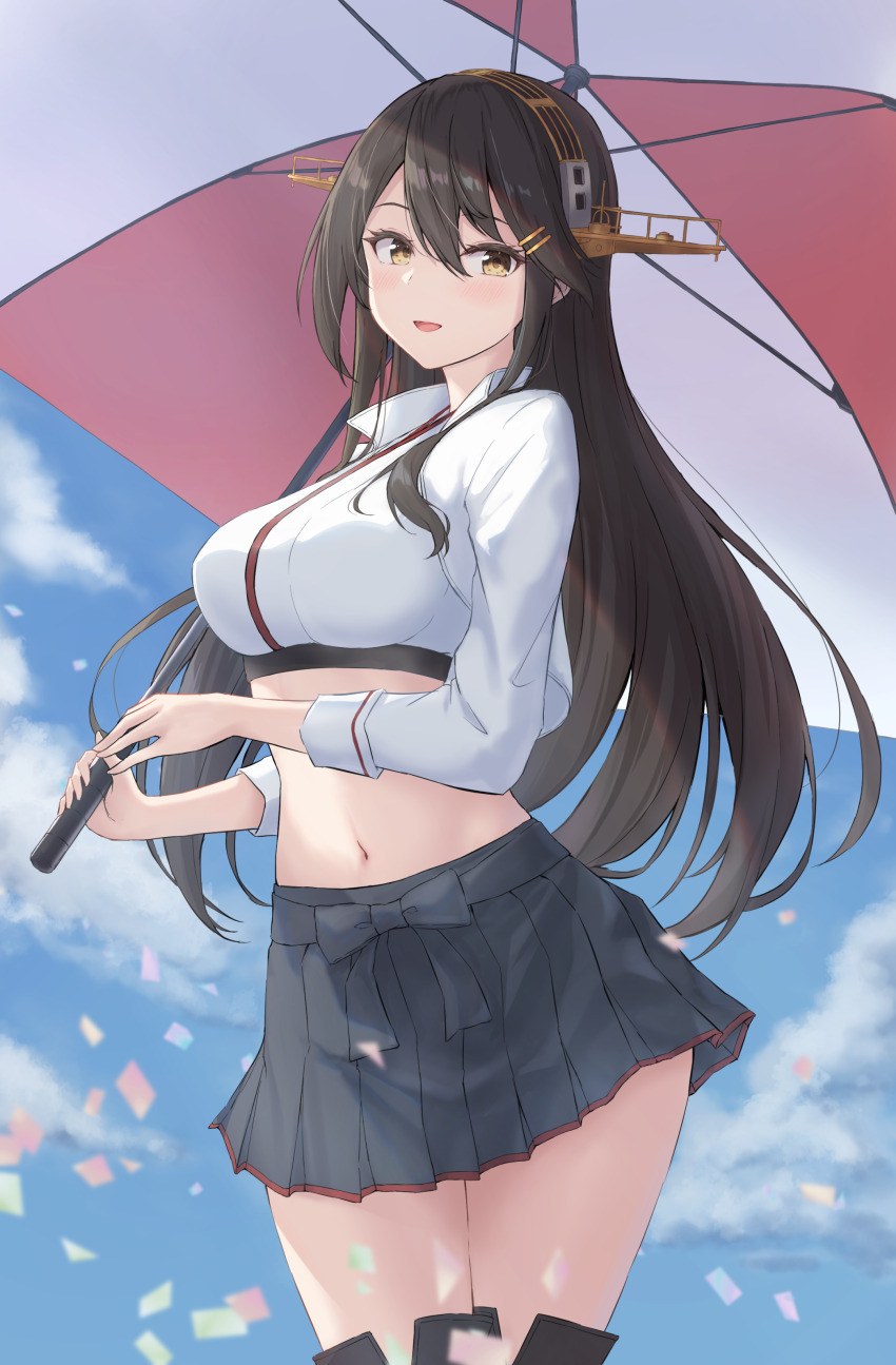 1girl, absurdres, black_hair, black_skirt, blue_sky, breasts, brown_eyes, cloud, cloudy_sky, confetti, crop_top, hair_ornament, hairclip, haruna_(kancolle), haruna_(race_queen)_(kancolle), headgear, highres, holding, holding_umbrella, jacket, kantai_collection, large_breasts, long_hair, looking_at_viewer, midriff, monoku, navel, official_alternate_costume, outdoors, pleated_skirt, race_queen, shirt, skirt, sky, smile, solo, umbrella, white_jacket