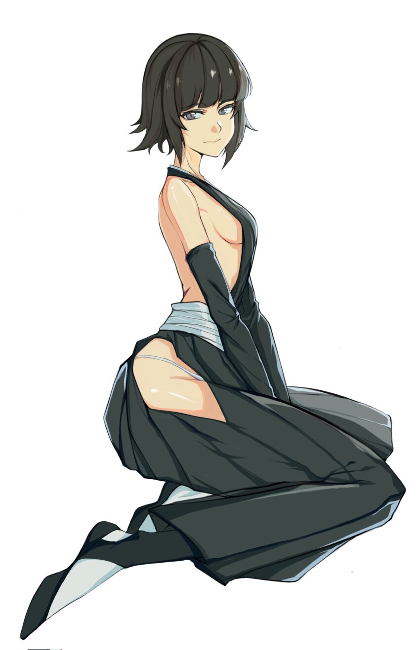 1girl, bare_shoulders, between_legs, black_footwear, black_hakama, black_kimono, bleach, blunt_bangs