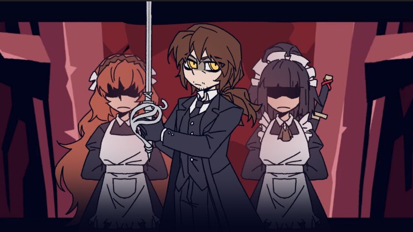 1boy, 2girls, apron, arms_behind_back, ascot, black_coat, black_dress, black_gloves