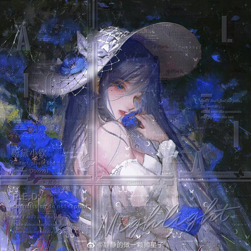 bare_back, bare_shoulders, black_background, blue_eyes, blue_flower, blue_hair, bow, bug