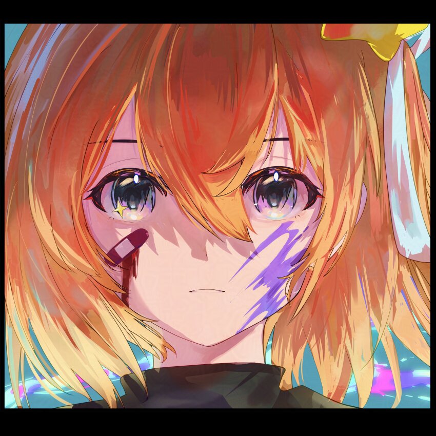 1girl, a.i._voice, absurdres, adachi_rei, bandaid, bandaid_on_face, black_footwear, blue_background, closed_mouth, dearest981340, green_eyes, grey_eyes, hair_between_eyes, hair_ribbon, highres, multicolored_eyes, paint, parted_bangs, portrait, purple_eyes, ribbon, shirt, shuuten_chi_e_kiete_(utau), simple_background, solo, utau, white_ribbon