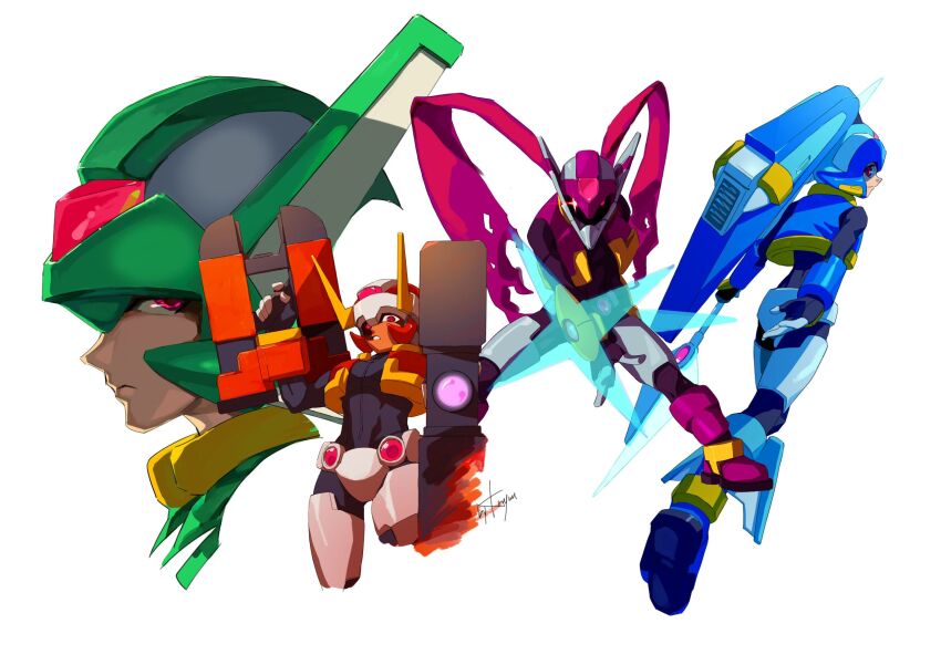 1girl, 3boys, aeolus_(mega_man), armor, artist_request, atlas_(mega_man), blue_armor, blue_helmet