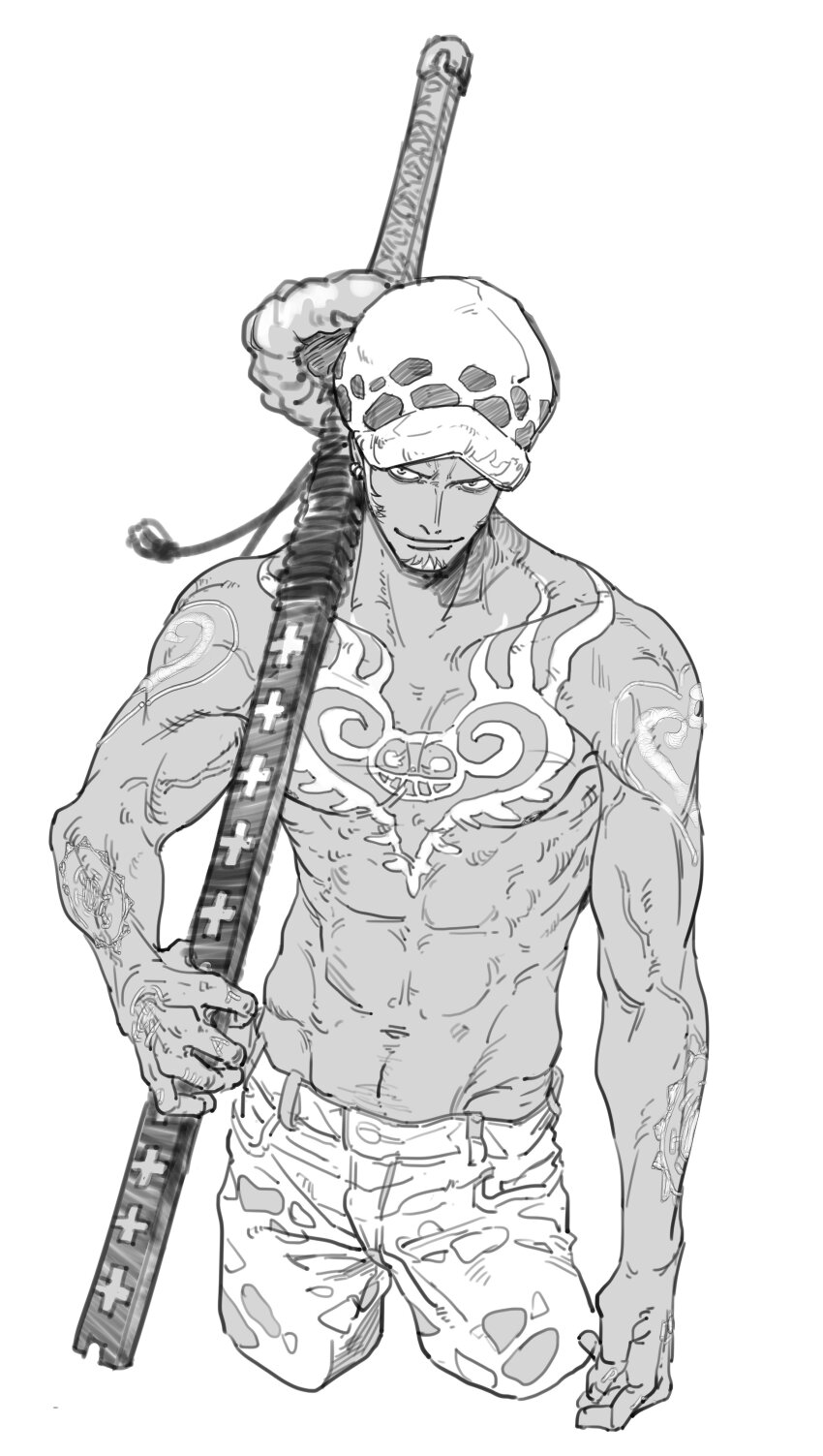 1boy, abs, absurdres, arm_tattoo, chest_tattoo, commentary, cropped_legs, facial_hair