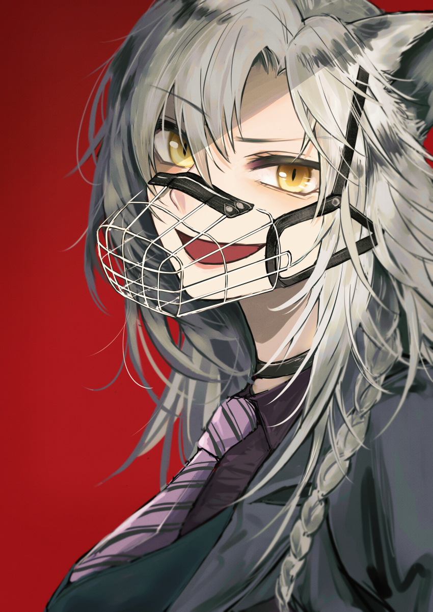 1girl, absurdres, animal_ears, arknights, black_jacket, braid, grey_hair, hair_between_eyes