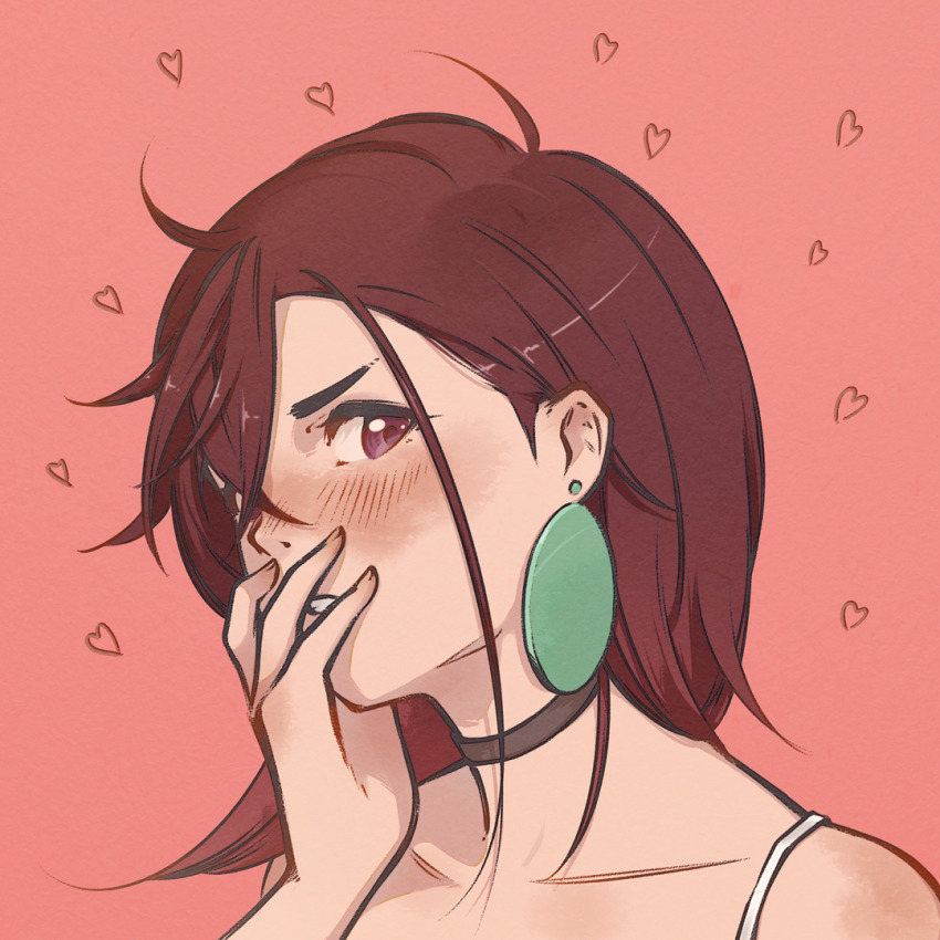 1girl, ayase_momo, black_choker, blush, bra, brown_eyes, choker, clenched_teeth, covering_own_mouth, dandadan, embarrassed, hand_over_own_mouth, heart_floating_above_hand, looking_at_viewer, monokarumaru, official_underwear, pink_background, portrait, teeth, underwear, upper_body, white_bra